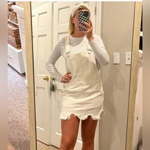 Free People Off White Overalls Mini Dress Size 2 Jumper Boho Pinafore Denim Rips